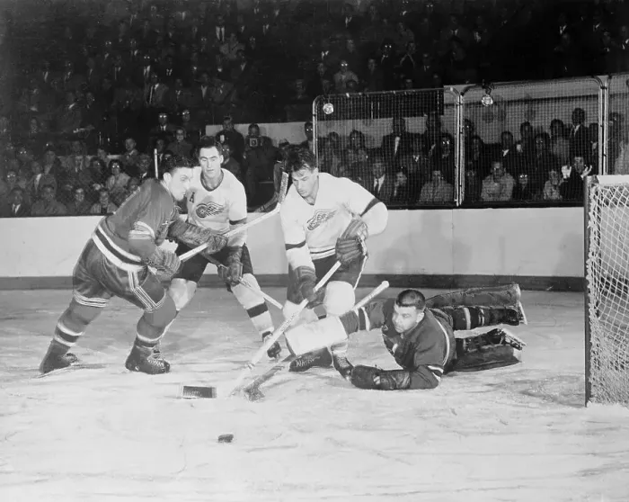 Framed Print : Lorne Worsley Defecting a Puck Framed Print : Lorne Worsley Defecting a Puck