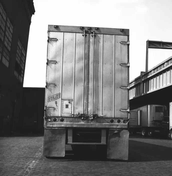 Framed Print : Lorry parked, (rear view), (B&W) Framed Print : Lorry parked, (rear view), (B&W)