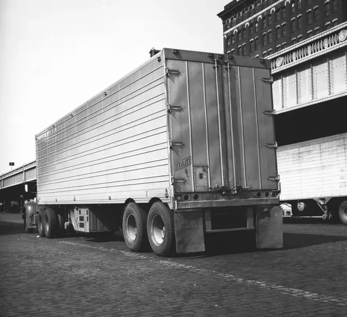Framed Print : Lorry in parking lot, (rear view), (B&W)