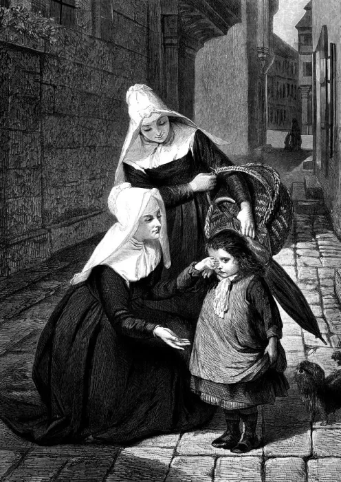 Framed Print : Lost girl helped by two nuns - Illustrated London News