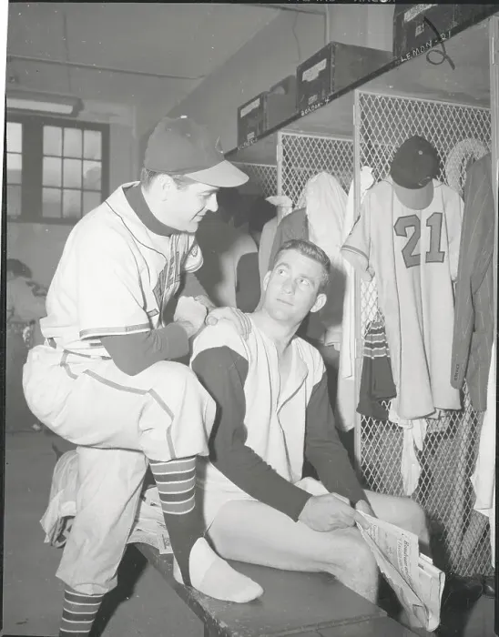 Framed Print : Lou Boudreau and Bob Lemon Conversing in Dressing Room Framed Print : Lou Boudreau and Bob Lemon Conversing in Dressing Room