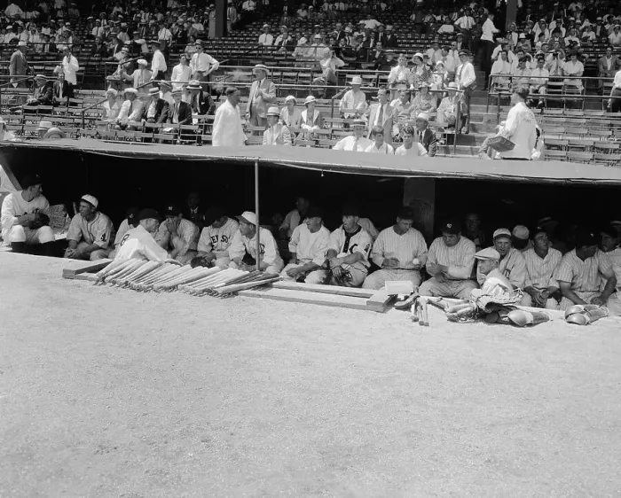 Framed Print : Lou Gehrig and Babe Ruth Sitting Among Others in Dugout Framed Print : Lou Gehrig and Babe Ruth Sitting Among Others in Dugout