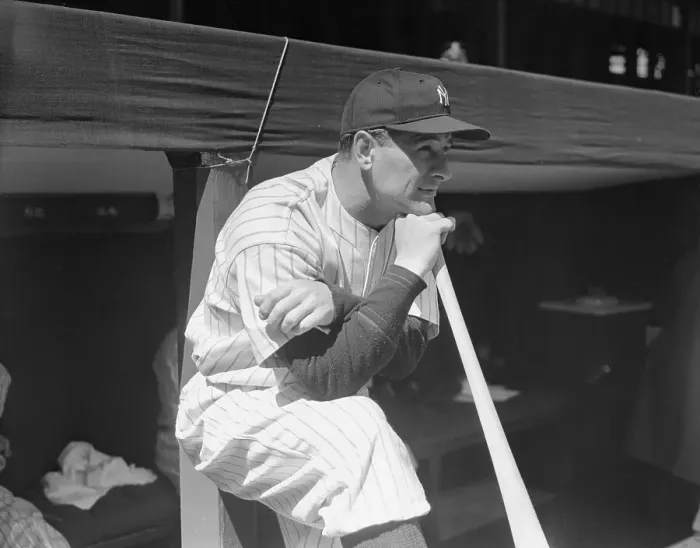 Framed Print : Lou Gehrig Leaning on Baseball Bat While Watching Game from Dugout Framed Print : Lou Gehrig Leaning on Baseball Bat While Watching Game from Dugout