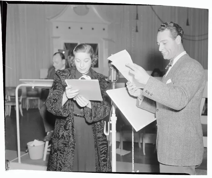 Framed Print : Lou Gehrig Standing at Microphone with Fanny Brice Framed Print : Lou Gehrig Standing at Microphone with Fanny Brice