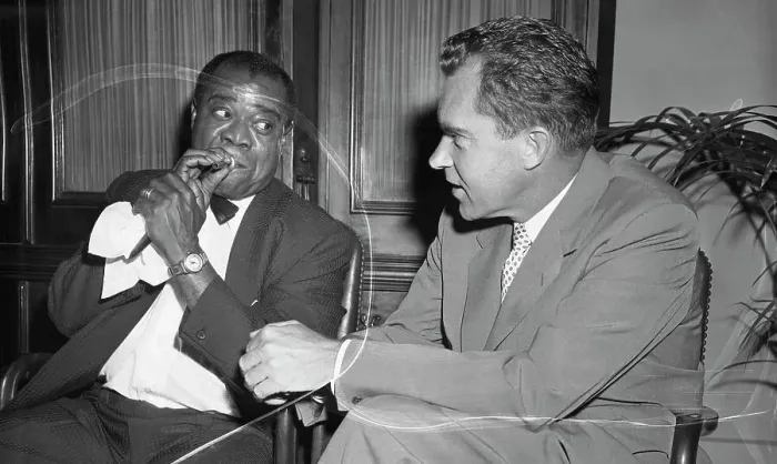 Framed Print : Louis Armstrong Demonstrating Horn Technique to Richard Nixon Framed Print : Louis Armstrong Demonstrating Horn Technique to Richard Nixon