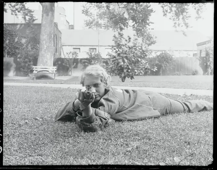 Framed Print : Louise Tittman Aiming Her Rifle Framed Print : Louise Tittman Aiming Her Rifle