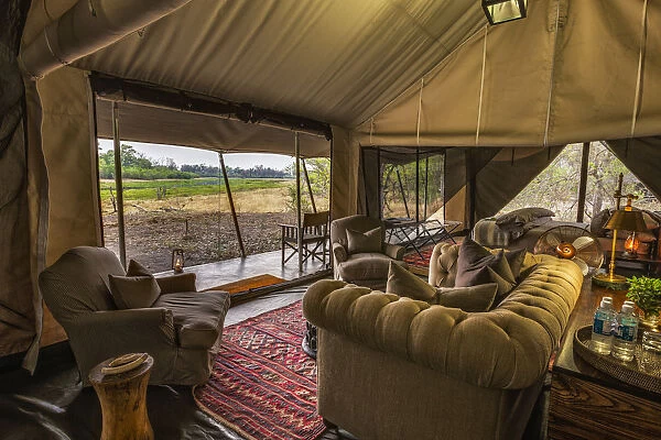Lounge area of luxury family tent, Machaba Camp, Okavango Delta, Botswana