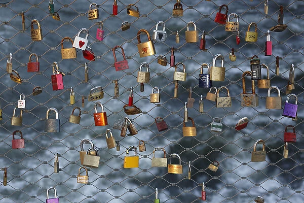 Love locks, padlocks, as a sign of live, at the main bridge over the Mur river, Graz, Styria, Austria, Europe