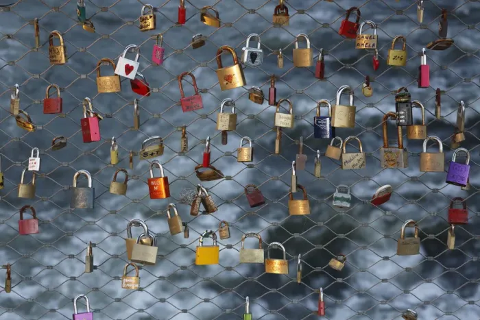 Framed Print : Love locks, padlocks, as a sign of live, at the main bridge over the Mur river, Graz, Styria, Austria, Europe