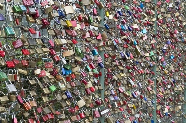 Love locks on a wire fence, Kassel, Hesse, Germany