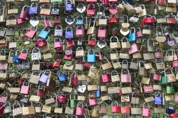 Framed Print : Love locks on a wire fence, Kassel, Hesse, Germany Framed Print : Love locks on a wire fence, Kassel, Hesse, Germany