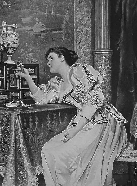 Love Memories, young woman contemplating thoughtfully a gift from a lover, 1880, Germany, Historic, digital reproduction of an original 19th century original, original date not known