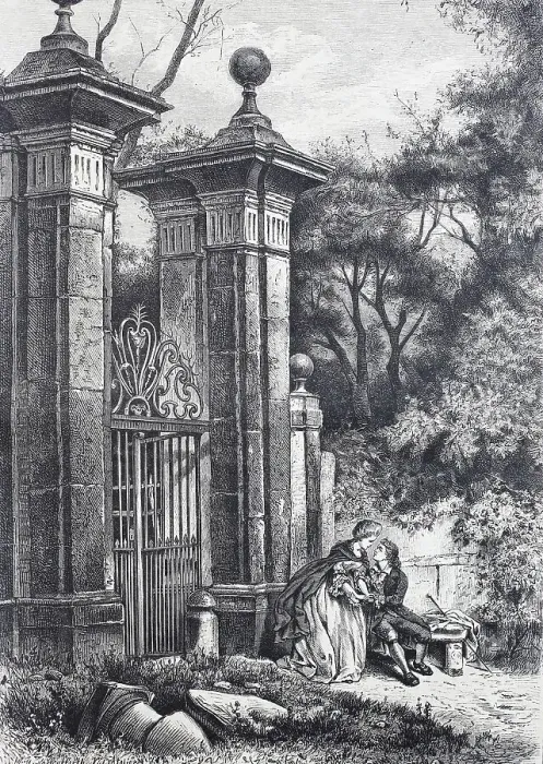 Framed Print : Lovers in front of the gate to a park, sitting on a bench and looking at each other, 1880, France, Historic, digitally restored reproduction of an original 19th-century original Framed Print : Lovers in front of the gate to a park, sitting on a bench and looking at each other, 1880, France, Historic, digitally restored reproduction of an original 19th-century original