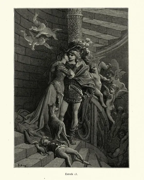 Framed Print : Lovers secret rendezvous on spiral staircase, desire, cupid, Medieval romance