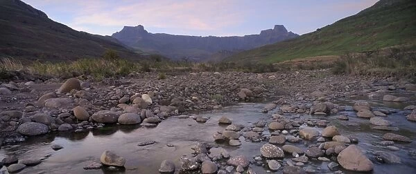 Low angle view of the Amphitheatre mountain from the Tugela River, Drakensberg uKhahlamba National Park, South Africa