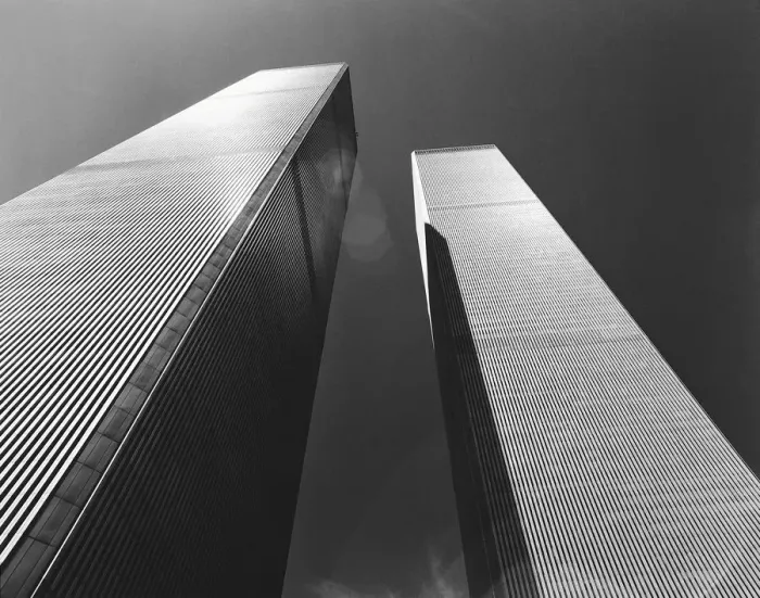Framed Print : Low Angle View of Twin Towers, New York, USA Framed Print : Low Angle View of Twin Towers, New York, USA