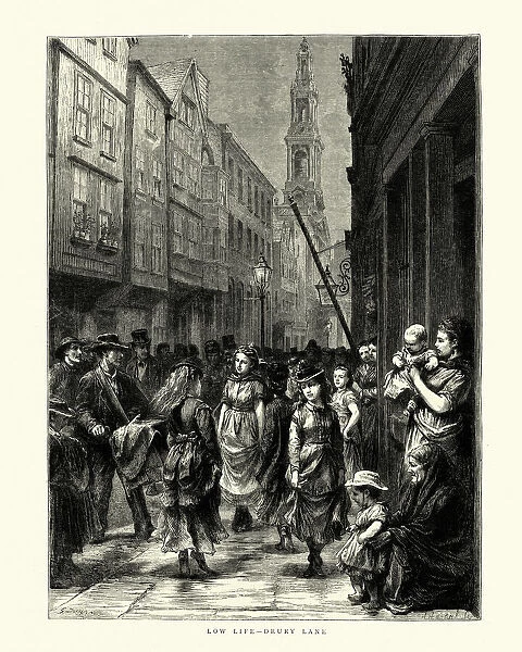Low life, Crowed street scene, Drury Lane, Victorian London, 19th Century