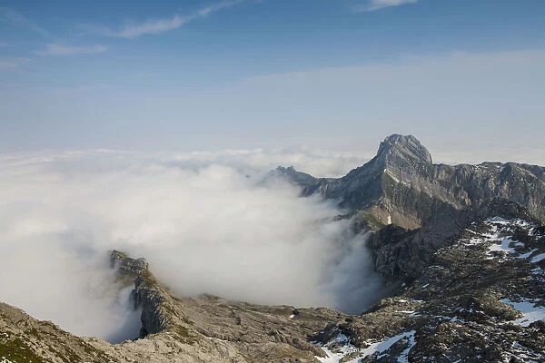 Low stratus as seen from Saentis mountain, view of Altmann mountain, Alpstein mountain group, Appenzell, Switzerland, Europe