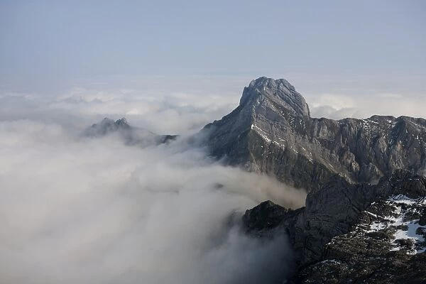 Low stratus as seen from Saentis mountain, view of Altmann mountain, Alpstein mountain group, Appenzell, Switzerland, Europe