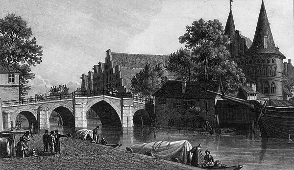 Lubeck. circa 1800: The Holstein Bridge over the River Trave in Lubeck