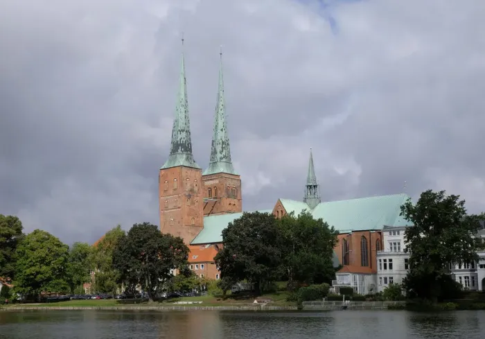 Framed Print : Lubeck Cathedral on Muhlenteich pond, Lubeck, Schleswig-Holstein, Germany