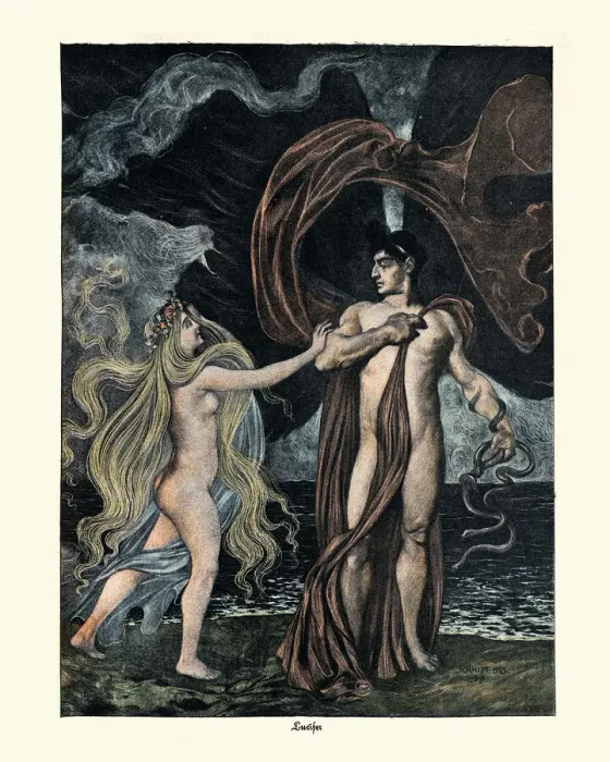 Framed Print : Lucifer holding serpents, approached by a blond haired goddess, Art Nouveau Framed Print : Lucifer holding serpents, approached by a blond haired goddess, Art Nouveau