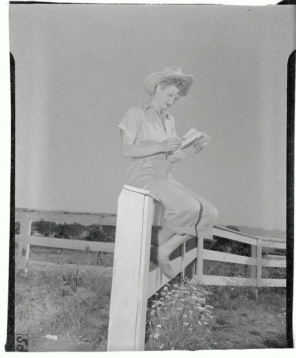 Framed Print : Lucille Ball Sitting on Fence and Reading Framed Print : Lucille Ball Sitting on Fence and Reading