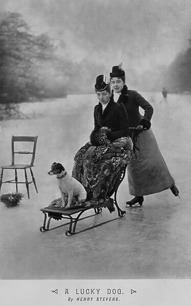 Lucky Dog. circa 1900: On a frozen pond one woman pushes a friend