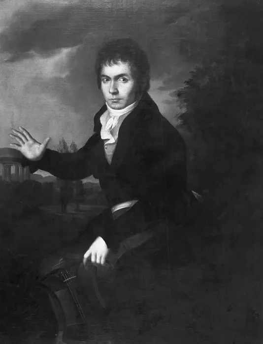 Framed Print : Ludwig Beethoven Posing on Dark Outdoor Scene