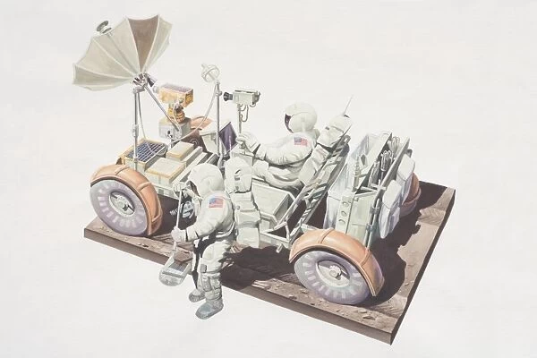 Lunar roving vehicle and two astronauts, high angle view