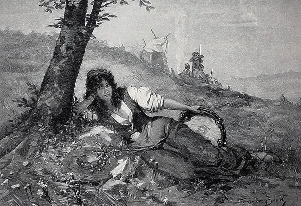 Lunch break in the puszta, Hungary, Gypsy girl with musical instrument has lain down in the meadow next to a tree, Historical, digital reproduction of a 19th century original, original date unknown