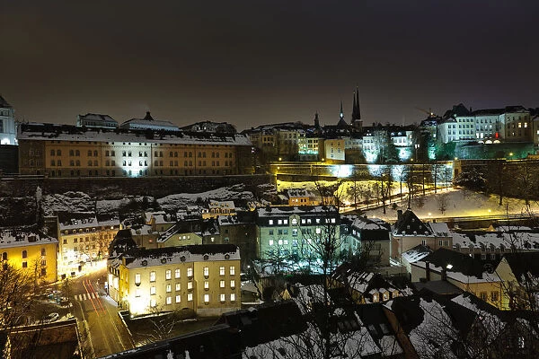 Luxembourg Old City at night under the snow