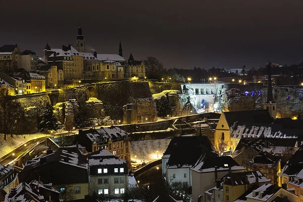 Luxembourg Old City skyline at night under snow