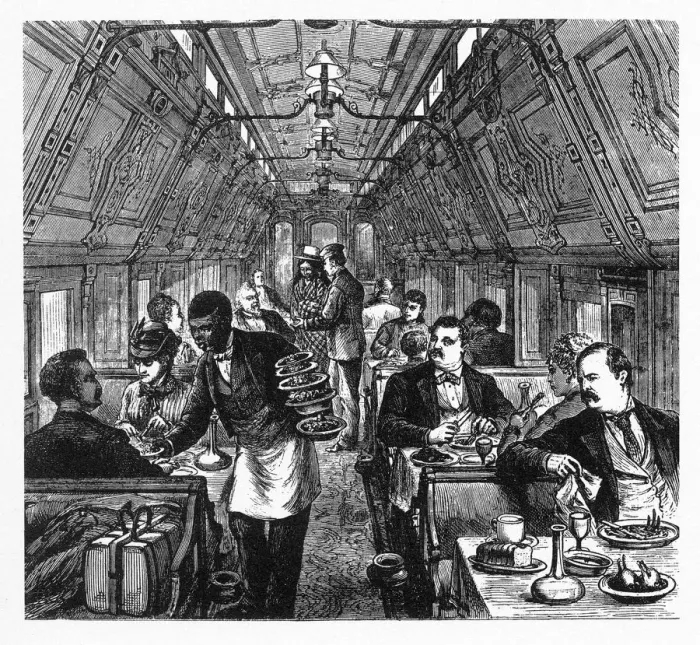 Framed Print : Luxurious Early American Railway Pullman Dining Car, 1877 Framed Print : Luxurious Early American Railway Pullman Dining Car, 1877