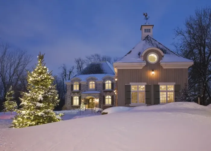 Framed Print : Luxurious residential cottage style home with illuminated evergreen trees at dusk in winter, Quebec, Canada Framed Print : Luxurious residential cottage style home with illuminated evergreen trees at dusk in winter, Quebec, Canada