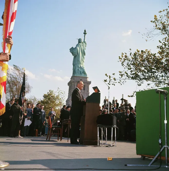 Framed Print : Lyndon Johnson Addressing Crowd on Liberty Island Framed Print : Lyndon Johnson Addressing Crowd on Liberty Island
