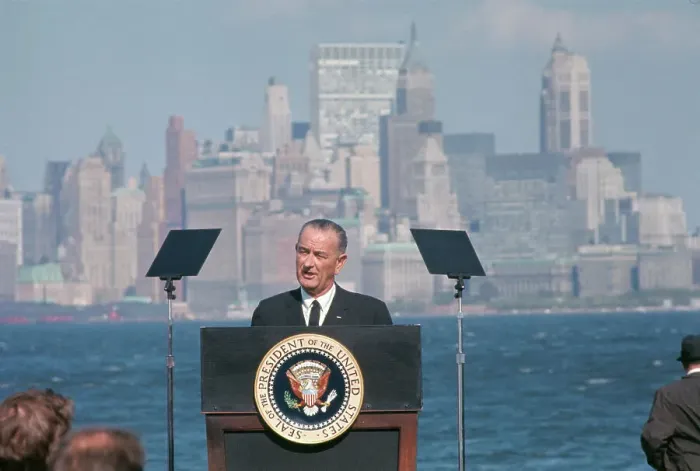 Framed Print : Lyndon Johnson During Ceremony on Liberty Island Framed Print : Lyndon Johnson During Ceremony on Liberty Island