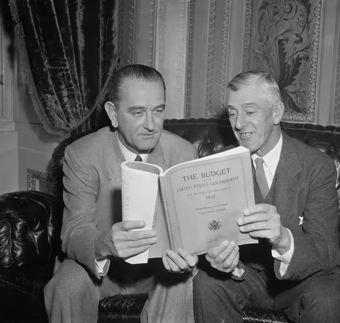 Framed Print : Lyndon Johnson and Leverett Saltonstall Reading Budget Plan Framed Print : Lyndon Johnson and Leverett Saltonstall Reading Budget Plan