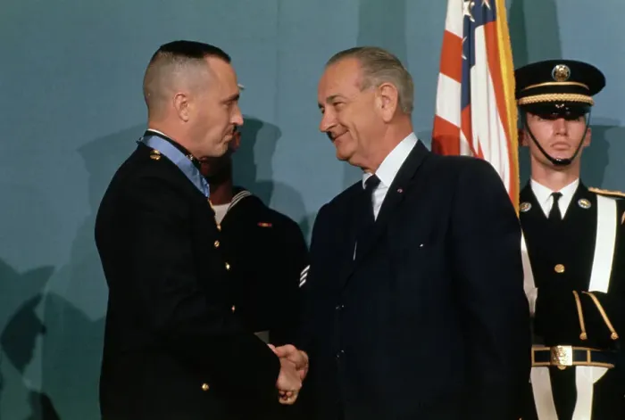 Framed Print : Lyndon Johnson With Marine Major Framed Print : Lyndon Johnson With Marine Major