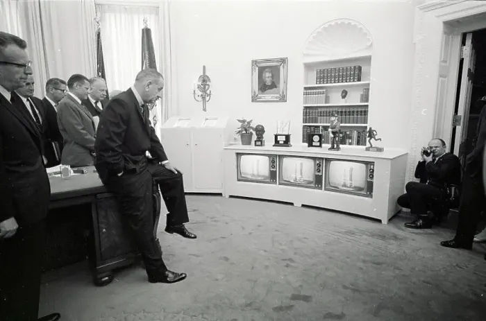 Framed Print : Lyndon Johnson Watching Monitor; On Desk Framed Print : Lyndon Johnson Watching Monitor; On Desk