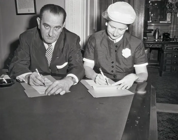Framed Print : Lyndon Johnson and Wife Marking Absentee Ballots