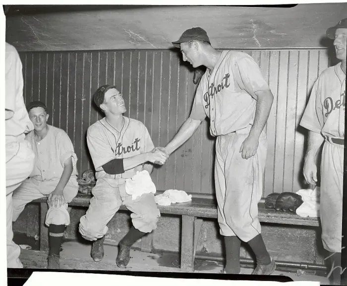 Framed Print : Lynwood Rowe Shaking Hand of Hank Greenberg in Locker Room Framed Print : Lynwood Rowe Shaking Hand of Hank Greenberg in Locker Room