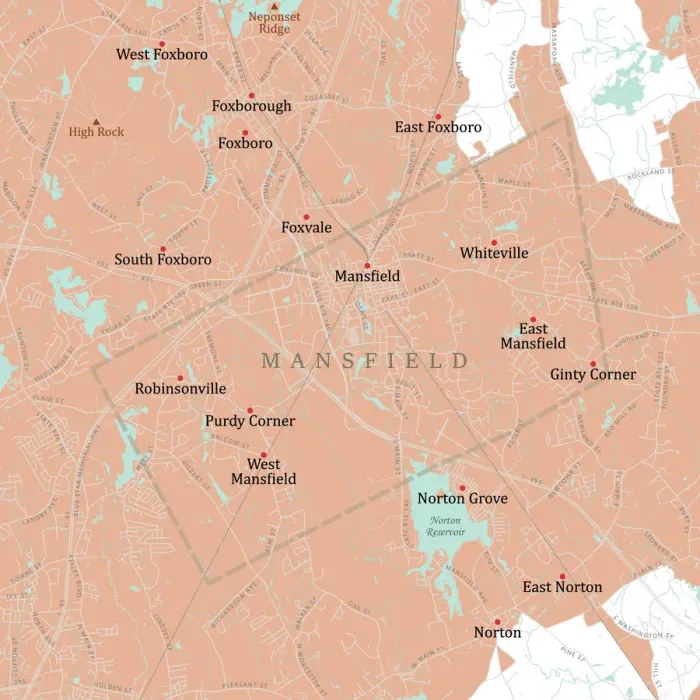 Framed Print : MA Bristol Mansfield Vector Road Map Framed Print : MA Bristol Mansfield Vector Road Map