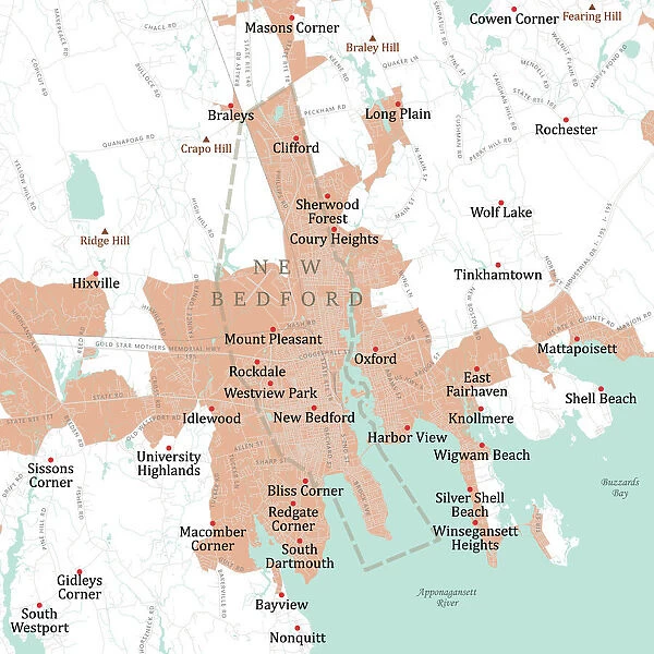 MA Bristol New Bedford Vector Road Map