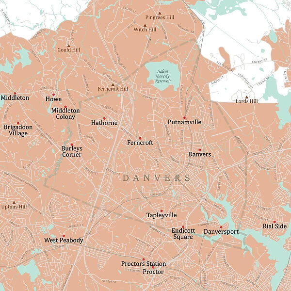 MA Essex Danvers Vector Road Map