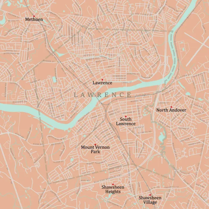 Framed Print : MA Essex Lawrence Vector Road Map Framed Print : MA Essex Lawrence Vector Road Map