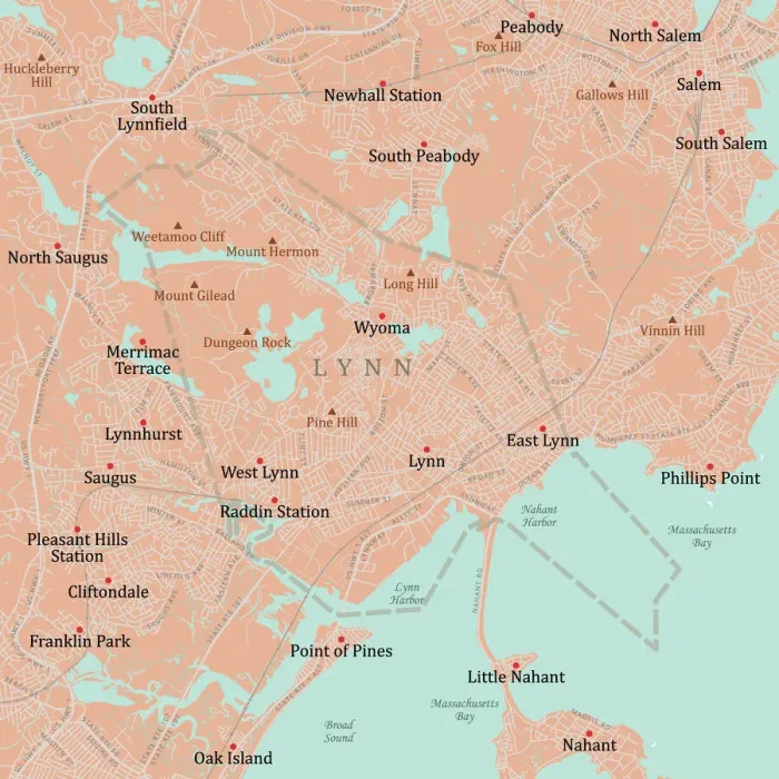 Framed Print : MA Essex Lynn Vector Road Map Framed Print : MA Essex Lynn Vector Road Map