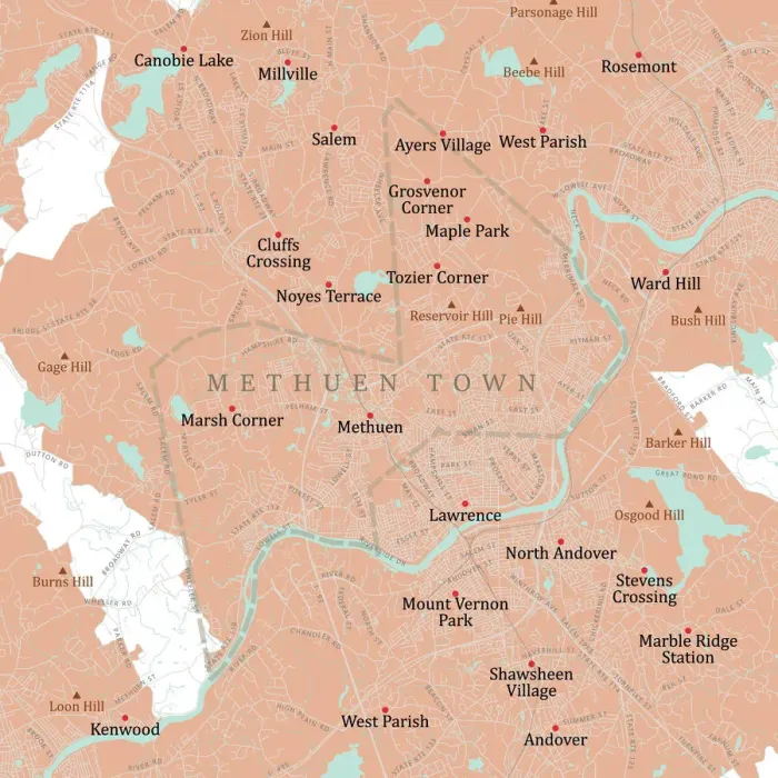 Framed Print : MA Essex Methuen Town Vector Road Map Framed Print : MA Essex Methuen Town Vector Road Map