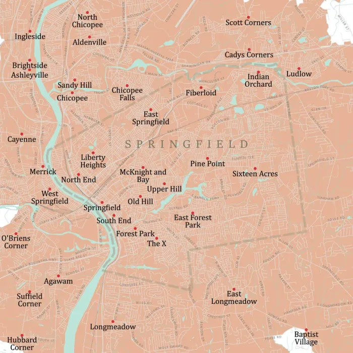 Framed Print : MA Hampden Springfield Vector Road Map Framed Print : MA Hampden Springfield Vector Road Map