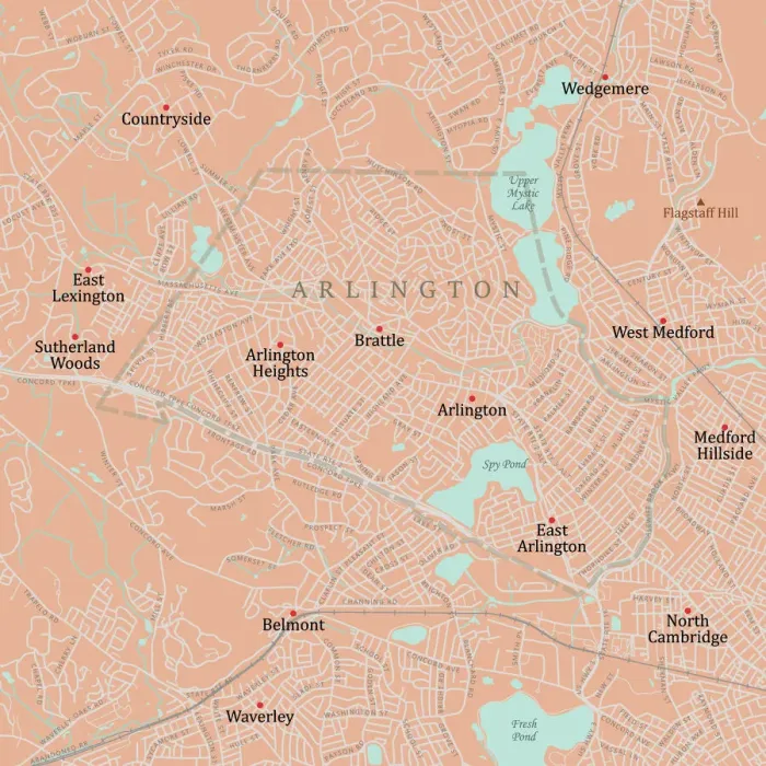 Framed Print : MA Middlesex Arlington Vector Road Map Framed Print : MA Middlesex Arlington Vector Road Map